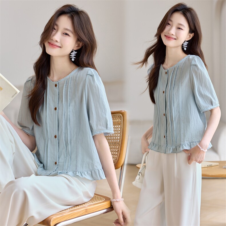 法式蕾丝边圆领荷叶边下摆短款显瘦衬衫女2025夏季新款小个子上衣，女装衬衫，简韵佳