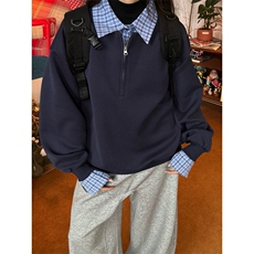 1506-1/WY5061/P61格纹拼接假两件polo衫卫衣学院风情侣休闲卫衣，男装卫衣，星座1506-1