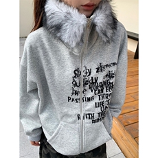 复古毛领连帽卫衣女秋季学院风慵懒chic宽松开衫外套WB6022，女装短外套，星座1116A（原606A-3）