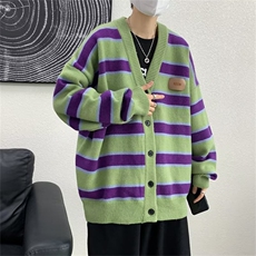 条纹开衫毛衣男冬ins潮休闲外套慵懒风宽松毛线针织衫MZ171-P43，男装针织衫/毛衣，星座412-3