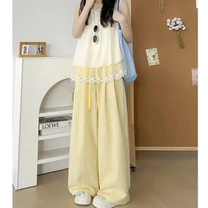 夏季格子裤女薄款高腰甜美女大山本裤多巴胺遛弯阔腿裤拖地长裤子,男装休闲裤,星座1210-1