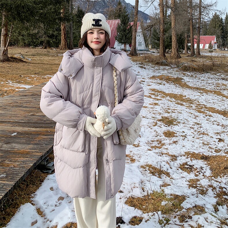 粉紫色50白鸭绒羽绒服女冬季新款学院风中长款保暖加厚面包服外套,女装羽绒服,天丽