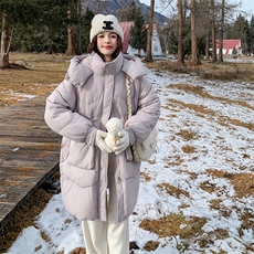 粉紫色50白鸭绒羽绒服女冬季新款学院风中长款保暖加厚面包服外套，女装羽绒服，天丽