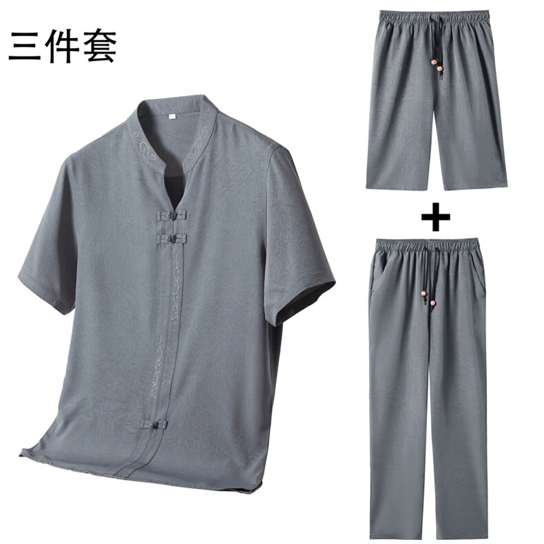 夏季风唐装短袖衬衫男中老年透气中式三件套装MJ5107C-P115,男装衬衫,星座1105-3