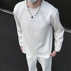 抖音得物品质26春装美式高街宽松曼巴棉螺纹拼接卫衣圆领长袖T恤，男装T恤，电商A443