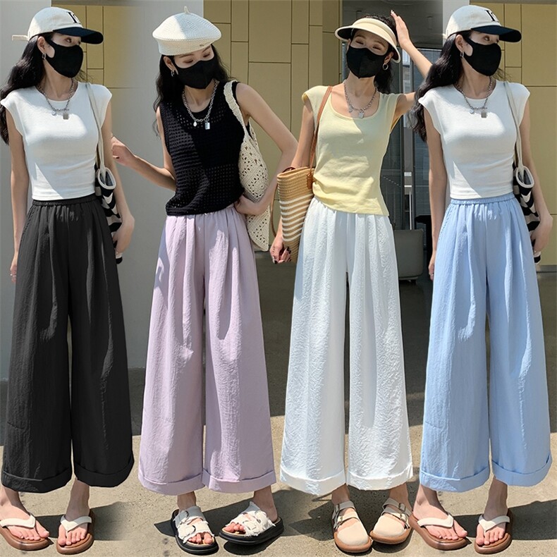 冰丝卷边九分阔腿裤女2024新款夏季百搭显瘦小个子高腰休闲裤图片
