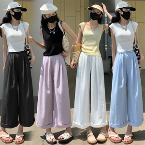 冰丝卷边九分阔腿裤女2024新款夏季百搭显瘦小个子高腰休闲裤图片