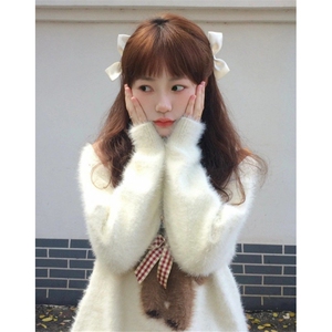 甜美可爱小熊蝴蝶结提花毛衣女学生秋冬慵懒风针织衫MY6047