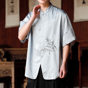 新中式 男士现货大码兰花缎面高级感刺绣衬衫T2521-P65控89图片