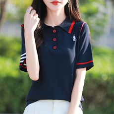 夏季新款简约翻领刺绣短袖冰丝面料宽松百搭显瘦时尚休闲上衣，女装针织衫/毛衣，萱芳婷羊绒