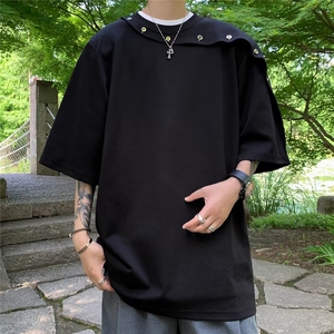 夏季高级感垫肩短袖T恤男解构拼接纽扣设计感韩版简约上衣潮图片