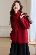 小谷粒100羊毛短毛呢外套女围巾领高级感2024秋冬新款小个子大衣，女装针织衫/毛衣，然然