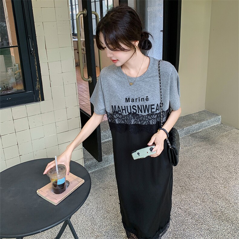 现货高级感懒拥风宽松蕾丝拼接T恤连衣裙2951P110K168,女装连衣裙,2C029