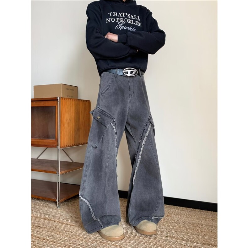 美式高街Vibe复古重工做旧牛仔裤拼接直筒阔腿长裤子NZ782-P62，男装牛仔裤，星座308B-2