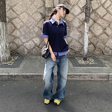 得物抖音高品质二开夏季美式潮牌高街假两件格子衬衣翻领短袖T恤，男装T恤，电商A486