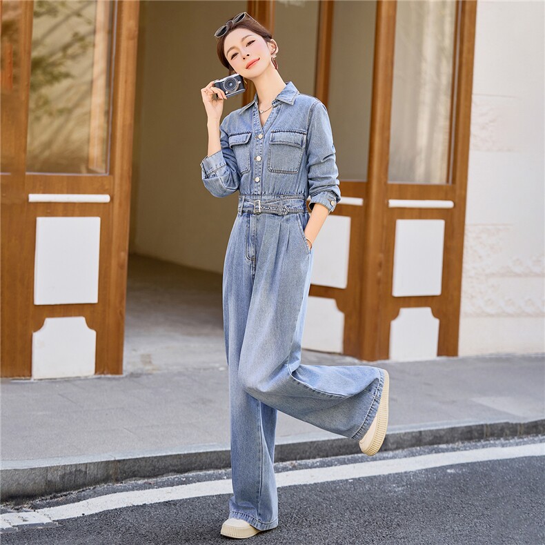 （新款现货）2026春装时尚休闲显瘦工装v领牛仔阔腿腰带连体裤女,女装连体裤,印象茜