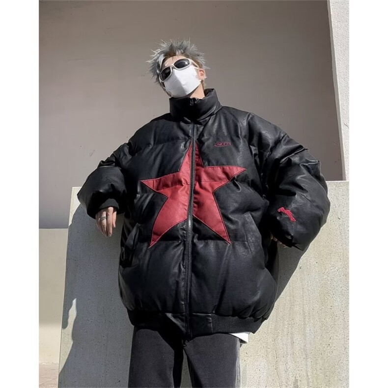 美式高街复古星星PU皮立领棉衣男女冬季加厚棉服W162P95,男装棉衣,星座1116-2