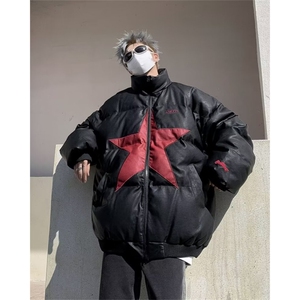 美式高街复古星星PU皮立领棉衣男女冬季加厚棉服W162P95,棒球衫皮衣搭配什么裤子好看图片