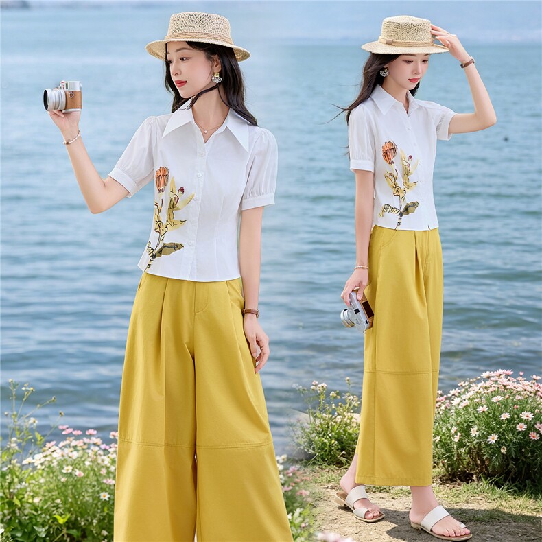 轻熟风时尚小翻领衬衫套装女2026夏气质印花上衣休闲裤两件套，女装套装/套裙，水衣源