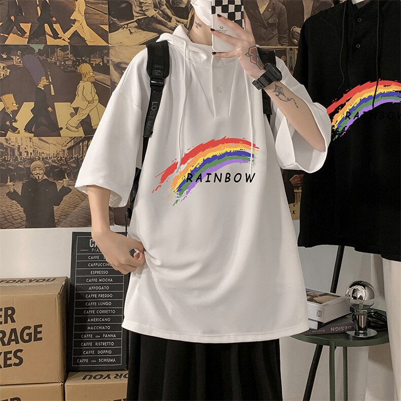 LD54064-P45连帽短袖t恤男大码胖子带帽五分袖中袖海报风,男装T恤,电商A040
