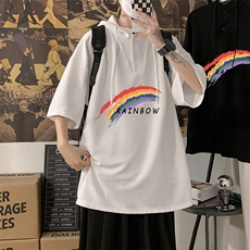 LD54064-P45连帽短袖t恤男大码胖子带帽五分袖中袖海报风，男装T恤，电商A040
