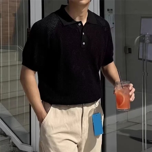 大码男装高级感蜂窝纹插肩袖翻领短袖t恤男夏季亚麻针织上衣图片