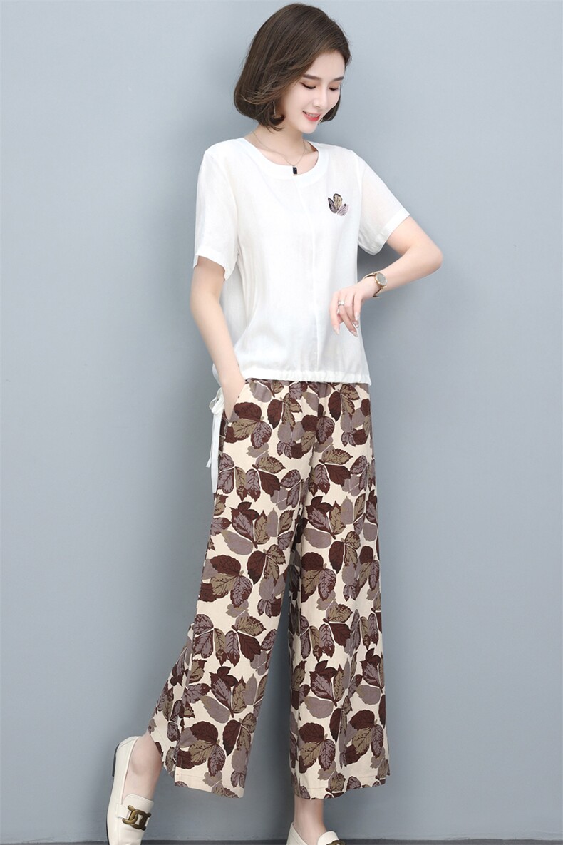 亚麻女高端棉麻套装2025夏季薄款T恤中老年妈妈苎麻阔腿裤两件套,女装套装/套裙,璐依舞