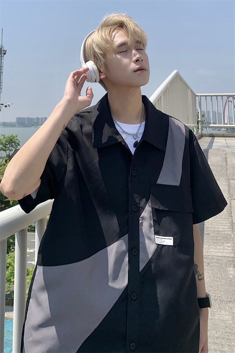 货足7XL-M美式拼接垂感短袖衬衫男夏季新款胖子宽松衬衣加肥加大,男装衬衫,钱塘717(原712)