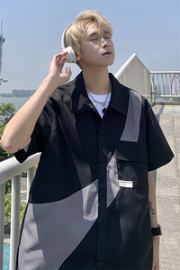 货足7XL-M美式拼接垂感短袖衬衫男夏季新款胖子宽松衬衣加肥加大图片