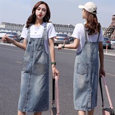 简约个性拼色中长款牛仔连衣裙2021年夏季时尚潮流舒适，女装连衣裙，秋水欣儿
