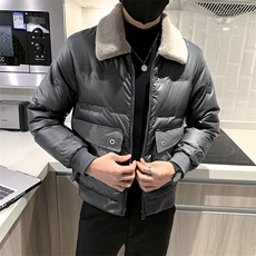 B353906P160灰色无头风冬毛领亮面压花字母男羽绒上衣外套，男装羽绒服，电商B353