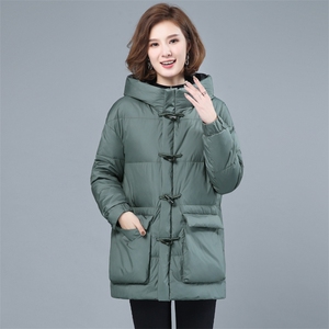 2022年冬季新款保暖白鸭绒羽绒服女中长款连帽韩版休闲外套女开衫图片