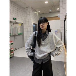 miu系条纹假两件Polo领卫衣男春秋cleanfit撞色衬衫领拼接长袖t恤