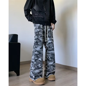 美式hiphop迷彩脏染双腰头破坏裤脚休闲裤直筒堆叠长裤男 KN7012图片
