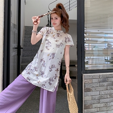 新中式国风套装女2025年夏季新款清冷感改良旗袍上衣阔腿裤两件套，女装套装/套裙，浙宝305