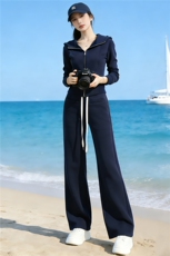 设计高级感休闲运动套装女春款减龄双头拉链连帽卫衣直筒裤两件套，女装套装/套裙，江南