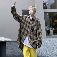 2023日系格子翻领长袖衬衫男女潮牌宽松BF风休闲情侣外套，男装衬衫，星座716-2