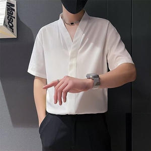 V领禁欲短袖衬衫男款夏季新款垂感衬衣韩版轻熟风男装气质上衣图片