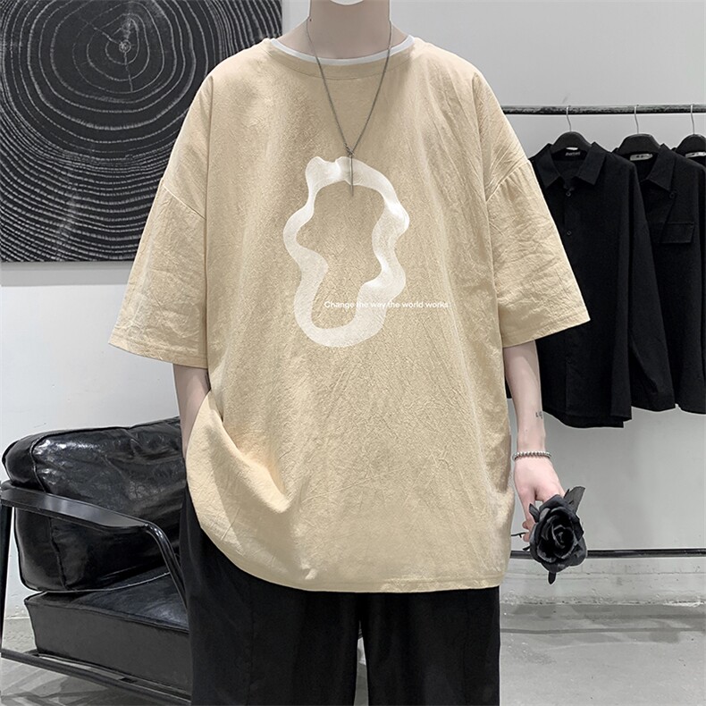 YT26390-P30亚麻短袖t恤男大码五分袖男宽松七分袖大皂风模特,男装T恤,电商A040