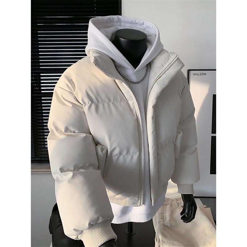 现货5W件冬季三防重磅硬挺boxy短款羽绒立领PU皮棉衣外套加厚棉服图片