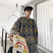 秋冬韩版笑脸情侣毛衣潮流宽松时尚灰套头针织衫男QT816-P68，男装针织衫/毛衣，星座1501