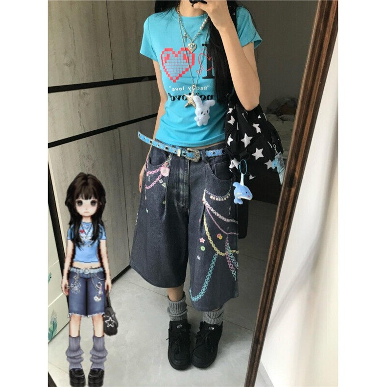 【有货】N1241CC-特P53 美式3D链条彩色印花七分牛仔短裤男女图片