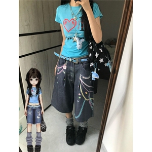 【有货】N1241CC-特P53 美式3D链条彩色印花七分牛仔短裤男女图片