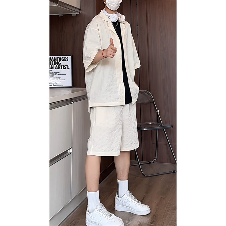 TZ52932/P65西服领短袖衬衣裤子套装男潮夏季肌理感西装领两件套,男装西服,电商A141
