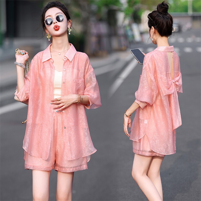 夏日焕新~轻薄天丝防晒衣套装女2025夏防晒衬衫休闲短裤两件套装，女装套装/套裙，歌伊格美