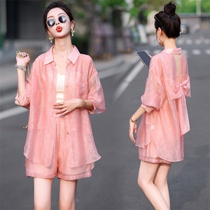 夏日焕新~轻薄天丝防晒衣套装女2025夏防晒衬衫休闲短裤两件套装，女装套装/套裙，歌伊格美