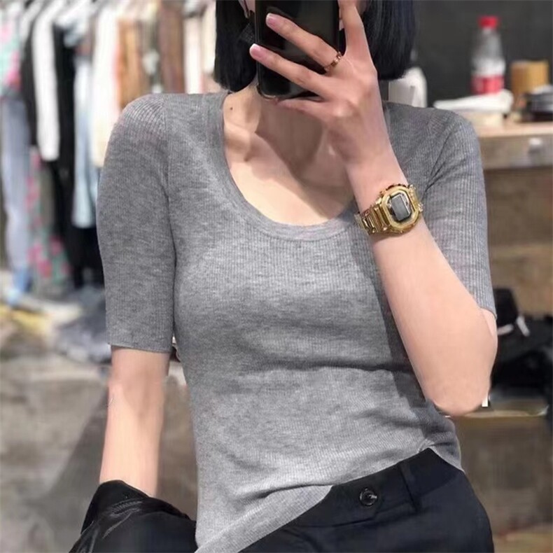 基础百搭U领修身冰丝针织短袖桑蚕丝T恤女夏装薄套头显瘦打底半袖,针织衫/毛衣,圣旺供货