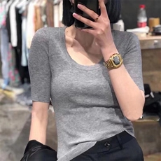 基础百搭U领修身冰丝针织短袖桑蚕丝T恤女夏装薄套头显瘦打底半袖，女装针织衫/毛衣，圣旺供货