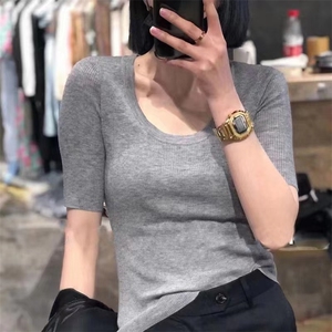 基础百搭U领修身冰丝针织短袖桑蚕丝T恤女夏装薄套头显瘦打底半袖图片