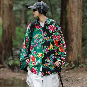 PC203男士休闲东北大花拼接长袖衬衫外套男女宽松寸衣汉服演出服
